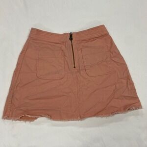 Madewell Pink Raw Hem Mini Skirt Size 2 Front Zip Patch Pockets Cotton Stretch